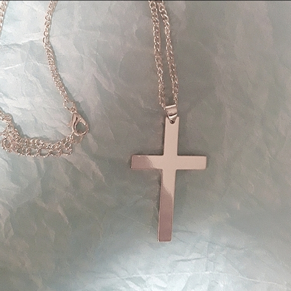 None Jewelry - Cross silver pl necklace on matching 18"-20" inch chain  engravable NEW